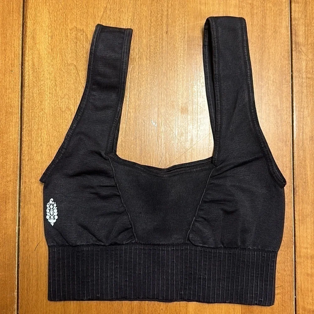 Free People Black Ribbed Longline Sports Bra